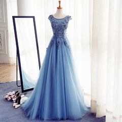 Blue Round Neckline Long Applique Elegant Senior Formal Dress, Long Party Gowns