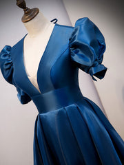 Blue Satin Long Prom Dress with Short Sleeves, Blue Evening Formal Dress