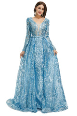Blue Sequin With Detachable Train Long Sleeves Mermaid Evening Dresses