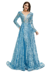 Blue Sequin With Detachable Train Long Sleeves Mermaid Evening Dresses