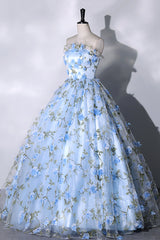 Blue Strapless Tulle Long Prom Dress, A-Line Evening Dress Party Dress