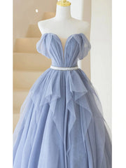 Blue Sweetheart Tulle Off-the-Shoulder Floor-Length Prom Dresses, Blue Evening Gown