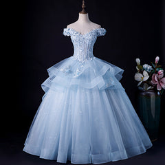 Blue Tulle Ball Gown Off Shoulder Layers Sweet 16 Dress, Blue Formal Dress with Lace