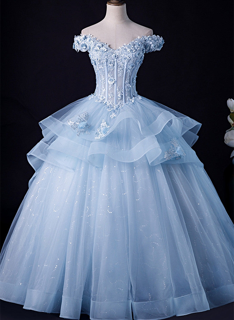 Blue Tulle Ball Gown Off Shoulder Layers Sweet 16 Dress, Blue Formal Dress with Lace