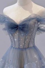 Blue Tulle Long A-Line Prom Dress