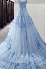 Blue Tulle Long A Line Prom Dress Blue Evening Dress