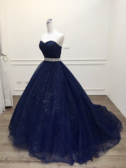 Blue Tulle Long Evening Gown Party Dress, Navy Blue Sweet 16 Gown