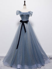 Blue Tulle Off Shoulder Sequin Long Prom Dress Blue Evening Dress