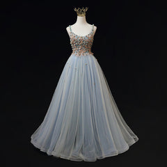Blue Tulle with Flowers Straps Long Evening Dress, Blue Prom Party Dresses