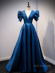 Blue v neck satin long prom dress blue satin evening dress