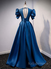 Blue v neck satin long prom dress blue satin evening dress