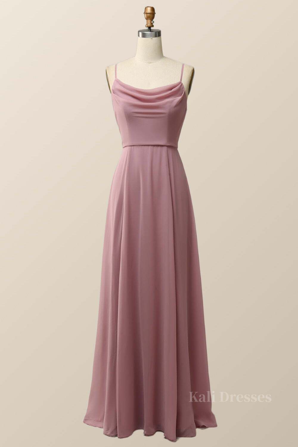 Blush Pink Cowl Neck Chiffon Long Bridesmaid Dress