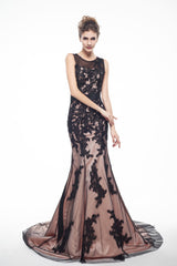Brown And Black Memraid Appliques Backless Prom Dresses With Sash