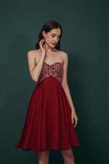 A-line Embroidery Chiffon Short Strapless Corset Back Beaded Homecoming Dresses