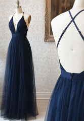 Simple Tulle Long Prom Dress, A Line Backless Evening Dress