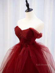 Burgundy off shoulder tulle lace long prom dress burgundy formal dress
