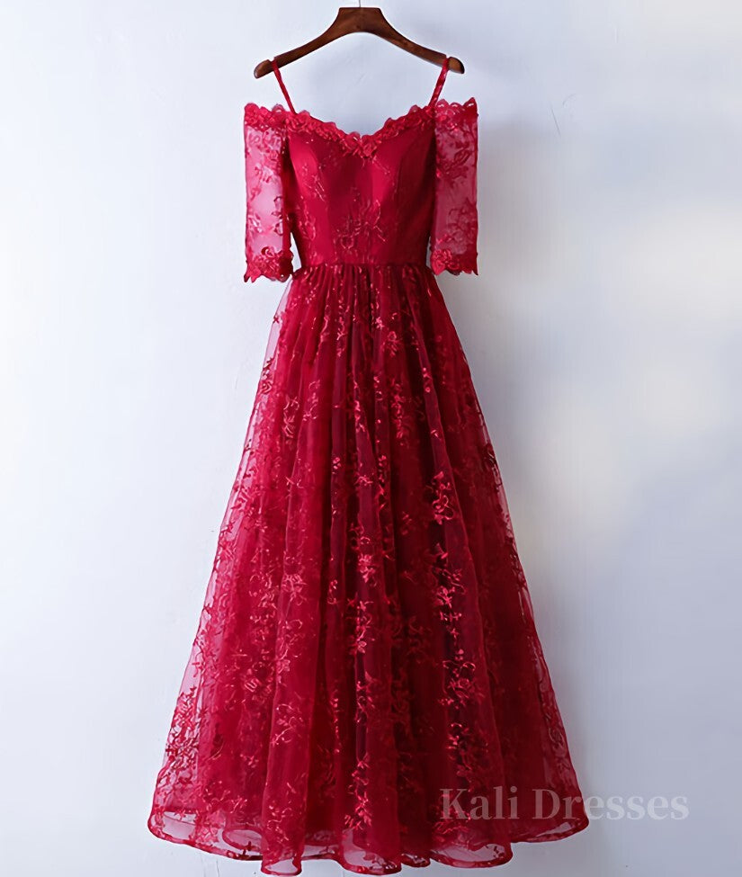 Burgundy sweetheart lace long prom dress, burgundy evening dress