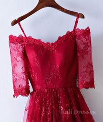 Burgundy sweetheart lace long prom dress, burgundy evening dress