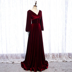 Burgundy Velvet Long Sleeves A-line Prom Dress, Long Simple Bridesmaid Dresses
