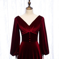 Burgundy Velvet Long Sleeves A-line Prom Dress, Long Simple Bridesmaid Dresses
