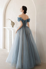 Blue Tulle Long A Line Prom Dress, Off Shoulder Evening Dress