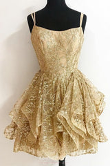 A Line Sequins Gold Short Homecoming Dresses, Glitter Cocktail Party Dress