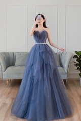 Blue Sweetheart Neck Tulle Long Prom Dress, Blue Tulle Formal Dress