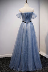 Blue Tulle Long A Line Prom Dress, Evening Dress