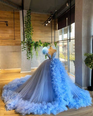 A Line Blue Ling Ball Gown Prom Dresses