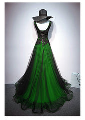 Chaming Black and Green Tulle V-neckline Long Party Dress, V-neckline Prom Dresses