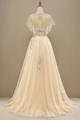Champagne Floral Embroidery A-line Long Formal Dress