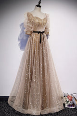 Champagne Tulle Long Party Dress, Short Sleeves A-line Formal Dress Evening Dress