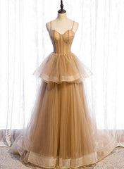 Champagne Tulle Sweetheart Straps Long Ball Gown Prom Dresses, Champagne Party Dresses