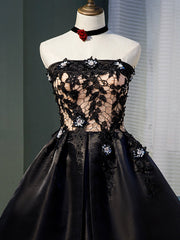 Charming Black Satin with Lace Applique Homecoming Dress, Knee Length Prom Dress