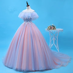 Charming Blue and Pink Tulle Off Shoulder Sweet 16 Dress with Lace, Ball Gown Formal Dress
