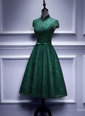 Charming Dark Green Tea Length High Neckline Party Dress, Wedding Party Dress