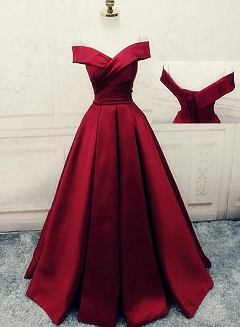 Charming Dark Red Satin A-line Off Shoulder Gown, Prom Dress