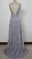 Charming Grey Lace Evening Party Dress , High Quality Formal Gown