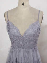 Charming Grey Lace Evening Party Dress , High Quality Formal Gown