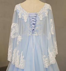 Charming Light Blue Tulle V-neckline Long Party Dress, Prom Dress