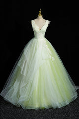 Charming Tulle Lace Green Prom Dresses, V-Neck Sleeveless Floor-Length Formal Evening Dresses