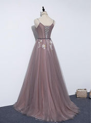 Charming V-neckline Flowers Dark Pink Prom Gown, Long Formal Dress