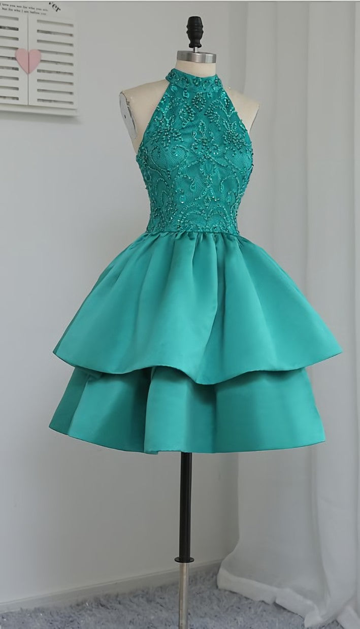 Chic Green Satin and Lace Layers Homecoming Dress, New Homecoming Dress