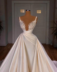 Chic Long A-line Sleeveless Spaghetti Strap Cathedral V-neck Satin Lace Wedding Dress