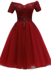 Cute Burgundy Off Shoulder Tulle Party Dress, Wine Red Homecoming Dress