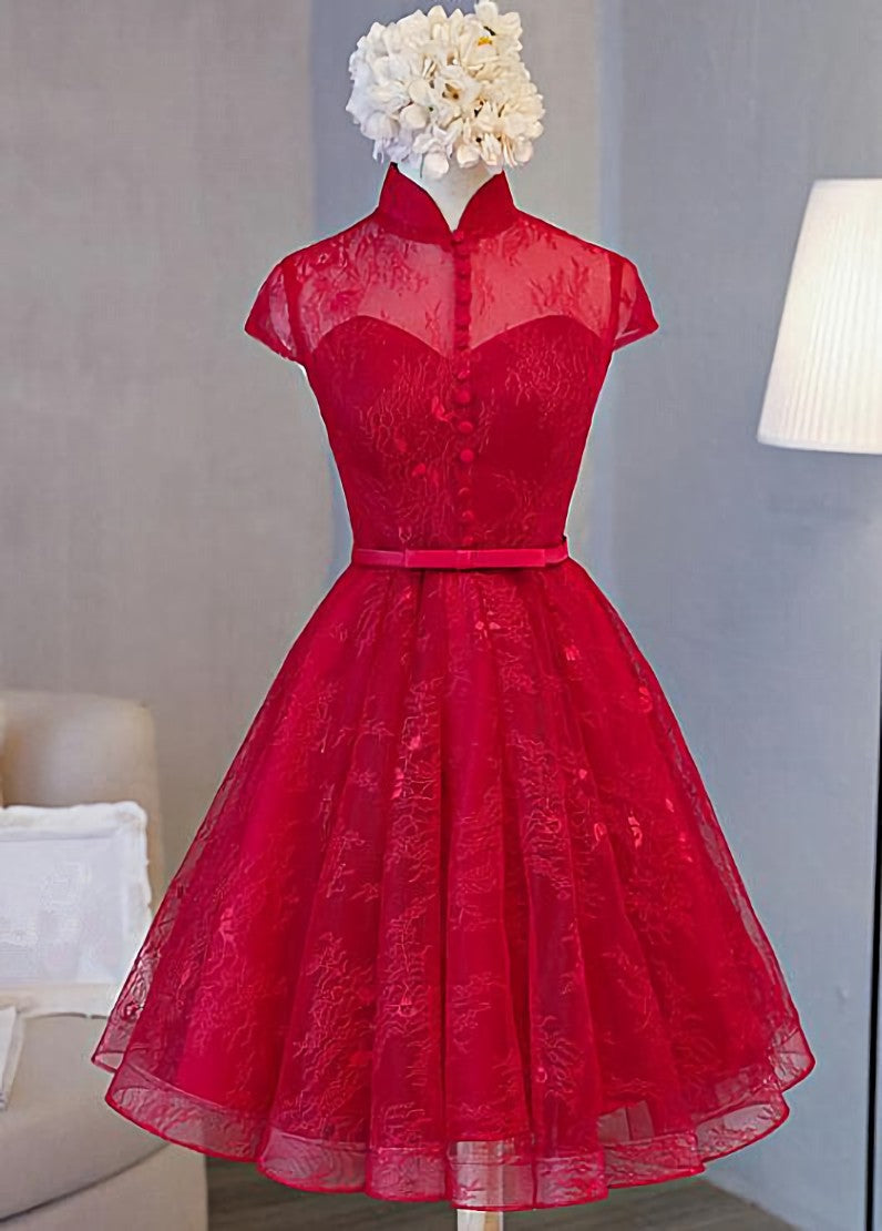 Cute Lace Short Cap Sleeves Homecoming Dress, Red Short Party Dresses
