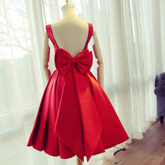 Cute Satin Bow Back Party Dresses, Red Short Homecoming Dresses