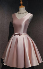 Cute Short Satin Pink V-neckline Knee Length Party Dress, Pink Prom Dress Homecoming Dress