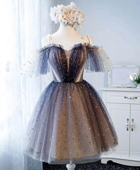 Cute Short Tulle Lace Spaghetti-Straps V-Neck Prom Dresses, Homecoming Dresses