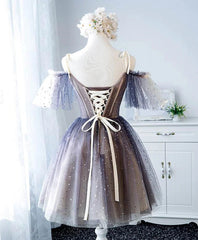 Cute Short Tulle Lace Spaghetti-Straps V-Neck Prom Dresses, Homecoming Dresses